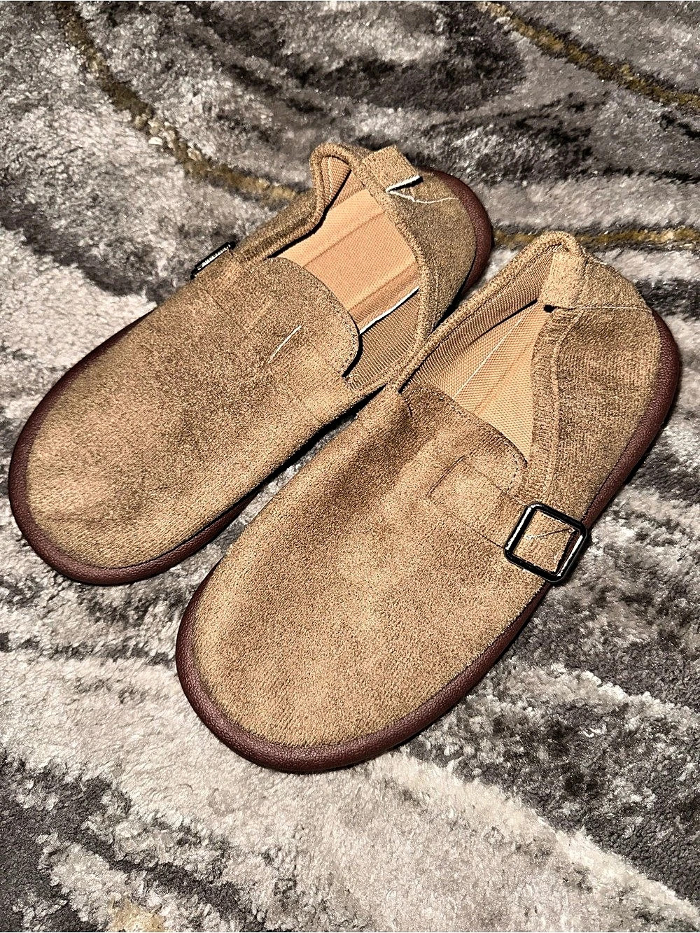 Suede-Style Buckle Mules in Brown